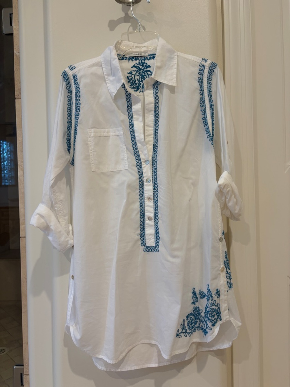 Subtle Luxury White Tunic Cotton Top with Teal Embroidery